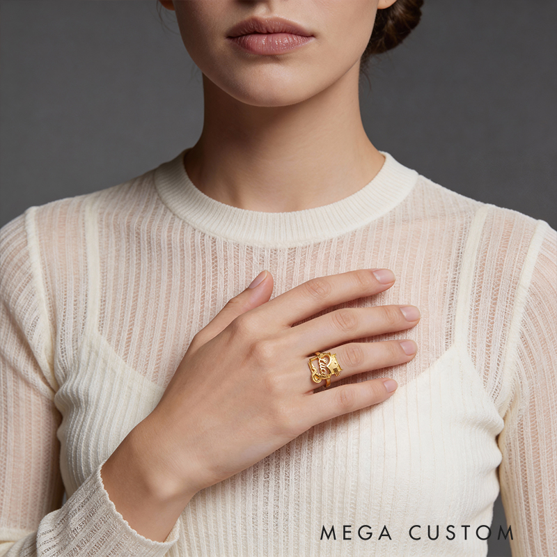 Personalized Cartoon Cat Holding Heart Sterling Silver Name Ring Custom Jewelry for Cat Lovers