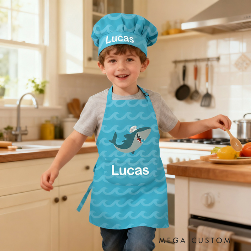Personalized Cute Whale Adjustable Kid Apron Chef Hat Set with Name for Cooking Birthday Gift for Kids