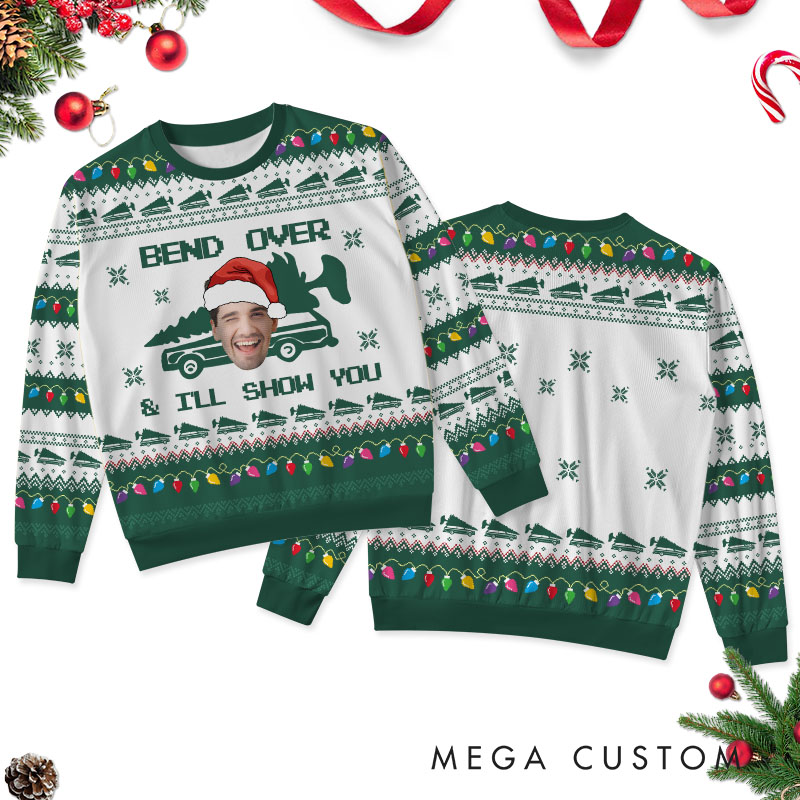 Personalized Funny Couple Bend Over and I'll Show You Christmas Ugly Sweater Custom Couple Face Photo Xmas Matching Crewneck Sweater for Husband Wife