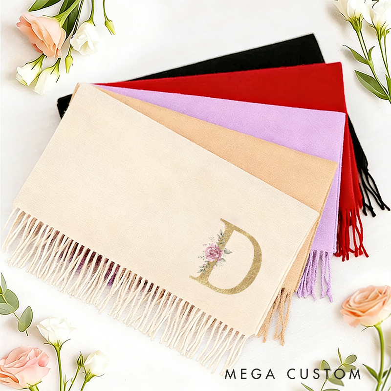 Personalized Initial Scarf Custom Floral Letter Shawl Gift for Women Solid Color Winter Wrap Gifts