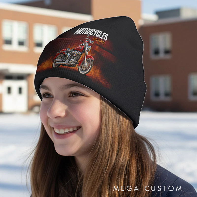 Personalized Biker Beanie Hat Custom Name  Knitted Hat Unique Gift for Bikers and Motorcycle Fans
