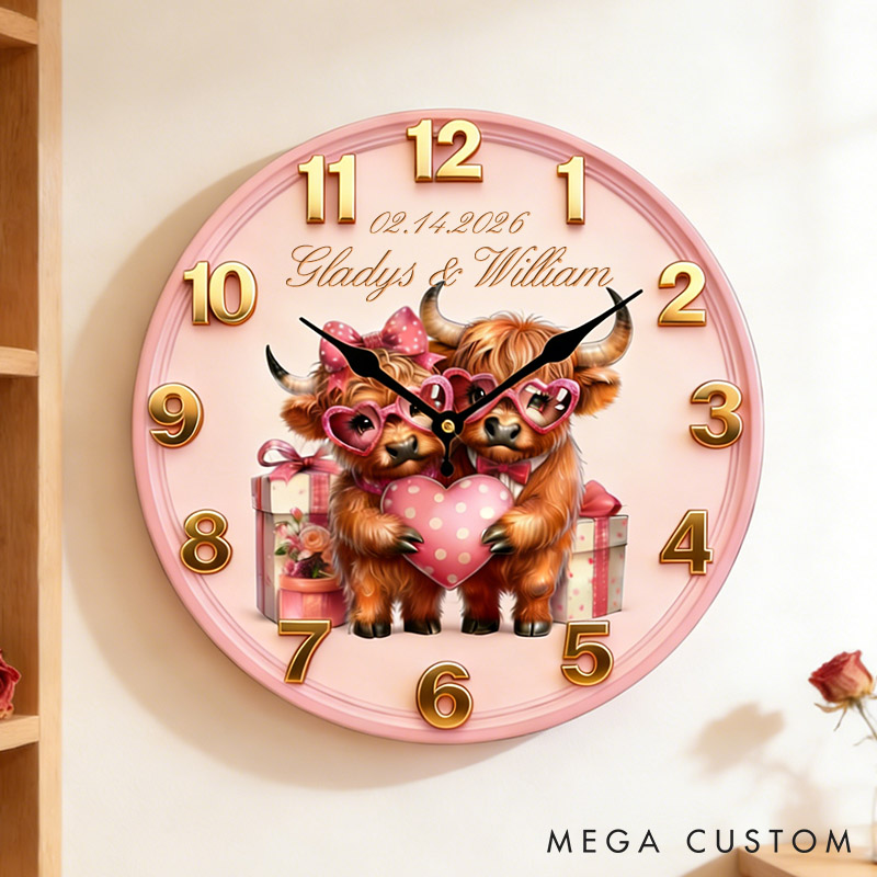 Personalized Highland Cow Couple Happy Valentine's Day Wall Clock Custom Pink Highland Cow Holding Heart 3D Effect Wall Clock Valentines Day Gift
