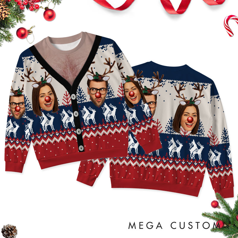 Personalized Funny Couple Face Photo Christmas Ugly Sweater Custom Couple Chest Xmas Matching Crewneck Sweatshirt Christmas Gift for Husband Wife