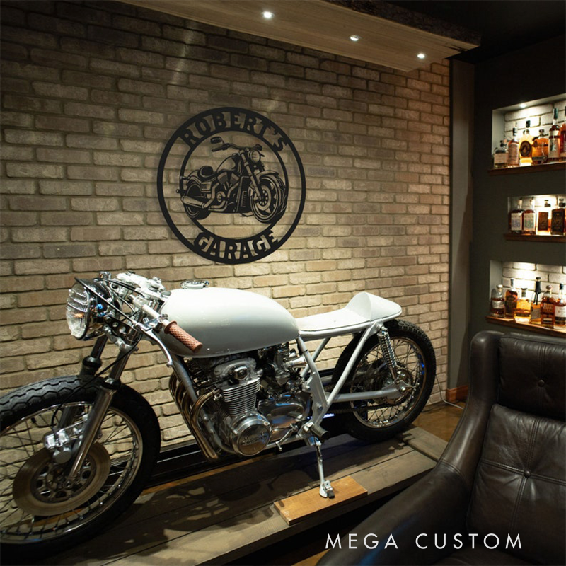 Personalized Motorcycle Garage Metal Sign Custom Round Chopper Wall Art with Name Biker Workshop Decor Gift for Motorsport Racer and Racing Lovers
