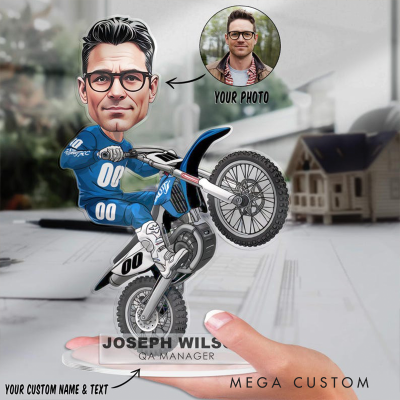 Personalized Motocross Biker Figurine Caricature Portrait Desk Name Plate Acrylic Motorcycle Dirt Bike Plaque Office Decor Gift for Colleague and Racing Lovers