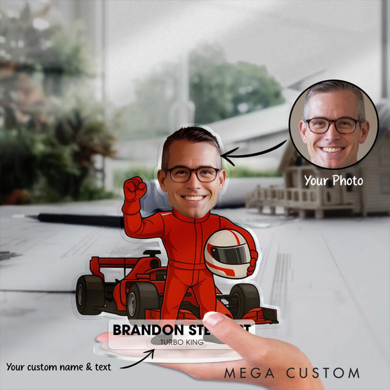 Personalized Race Car Driver Acrylic Figurine Desk Name Plate Custom Portrait Caricature Plaque Gift for Colleague and Racing Lovers