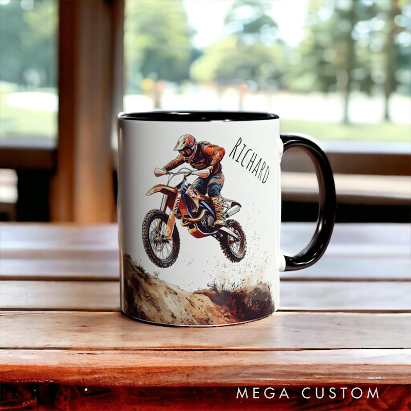 Personalized Motocross Mug Custom Dirt Bike Coffee Cup Ceramic Off Road Racing Gift Extreme Sports Cup with Rider Name for Motorcycle Lovers