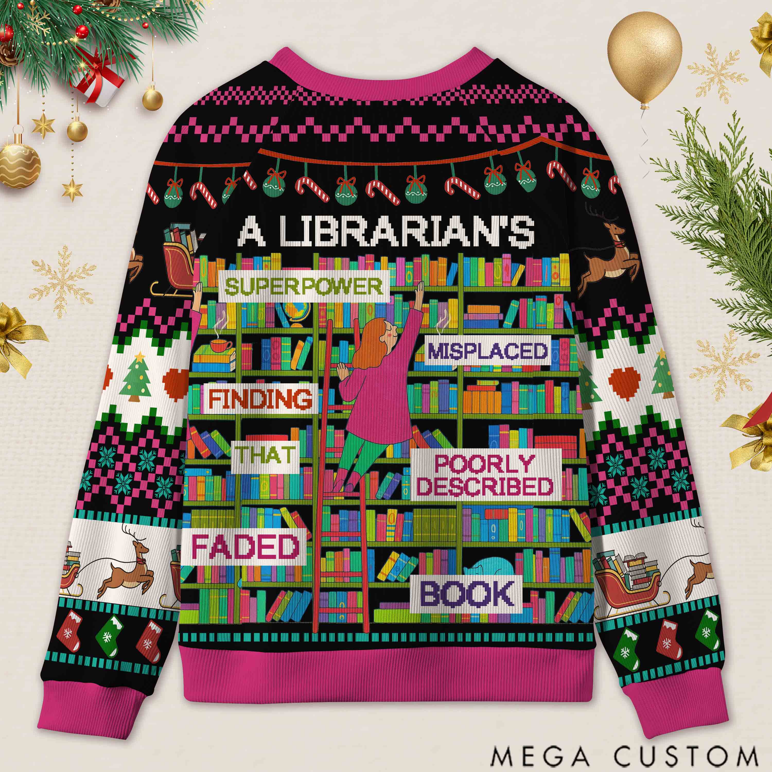 Personalized Librarian Superpowers Funny Ugly Sweater Office Holiday Party Gift for librarian