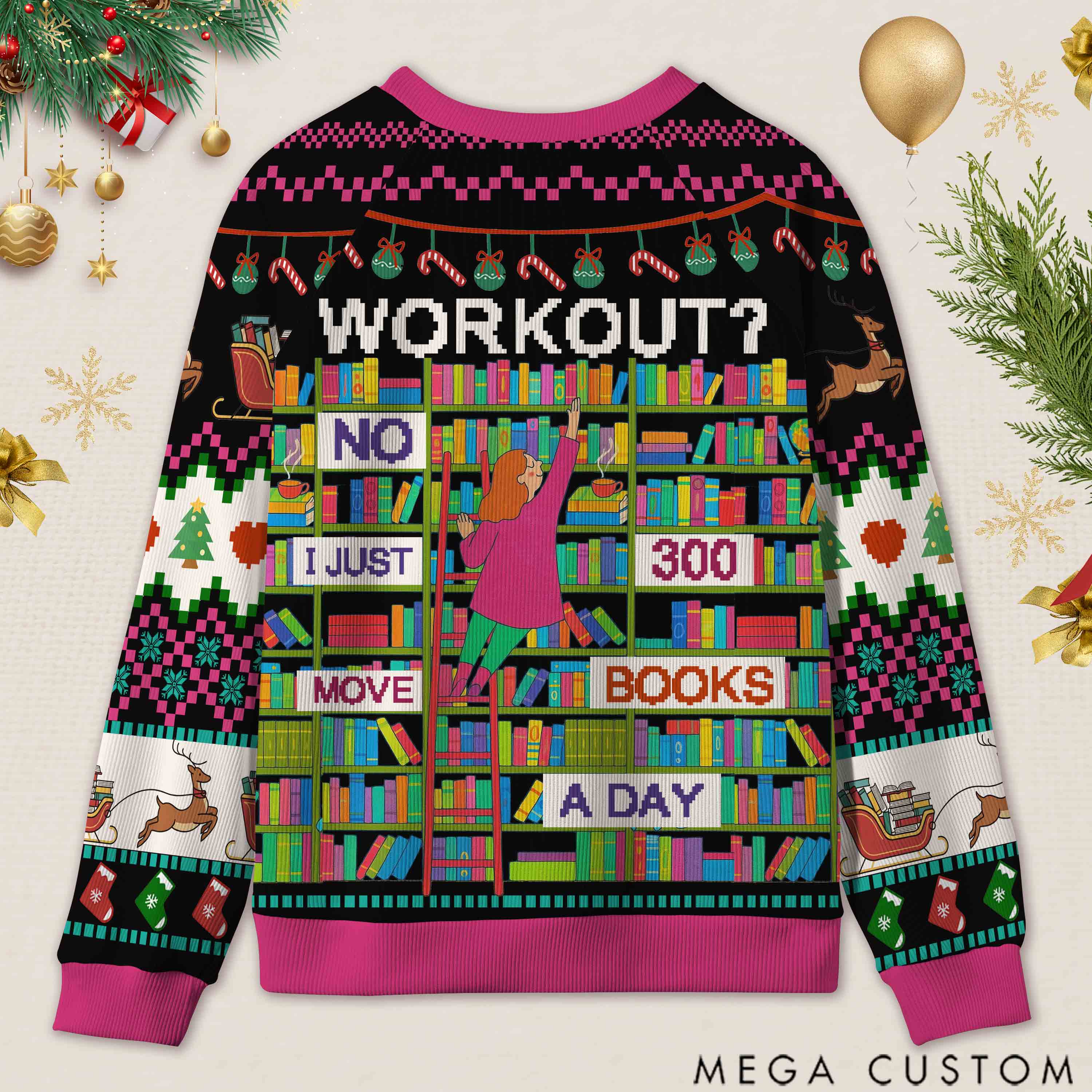 Personalized Book Lifting Workout Humor Ugly Sweater Office Holiday Party Gift for Book Lovers