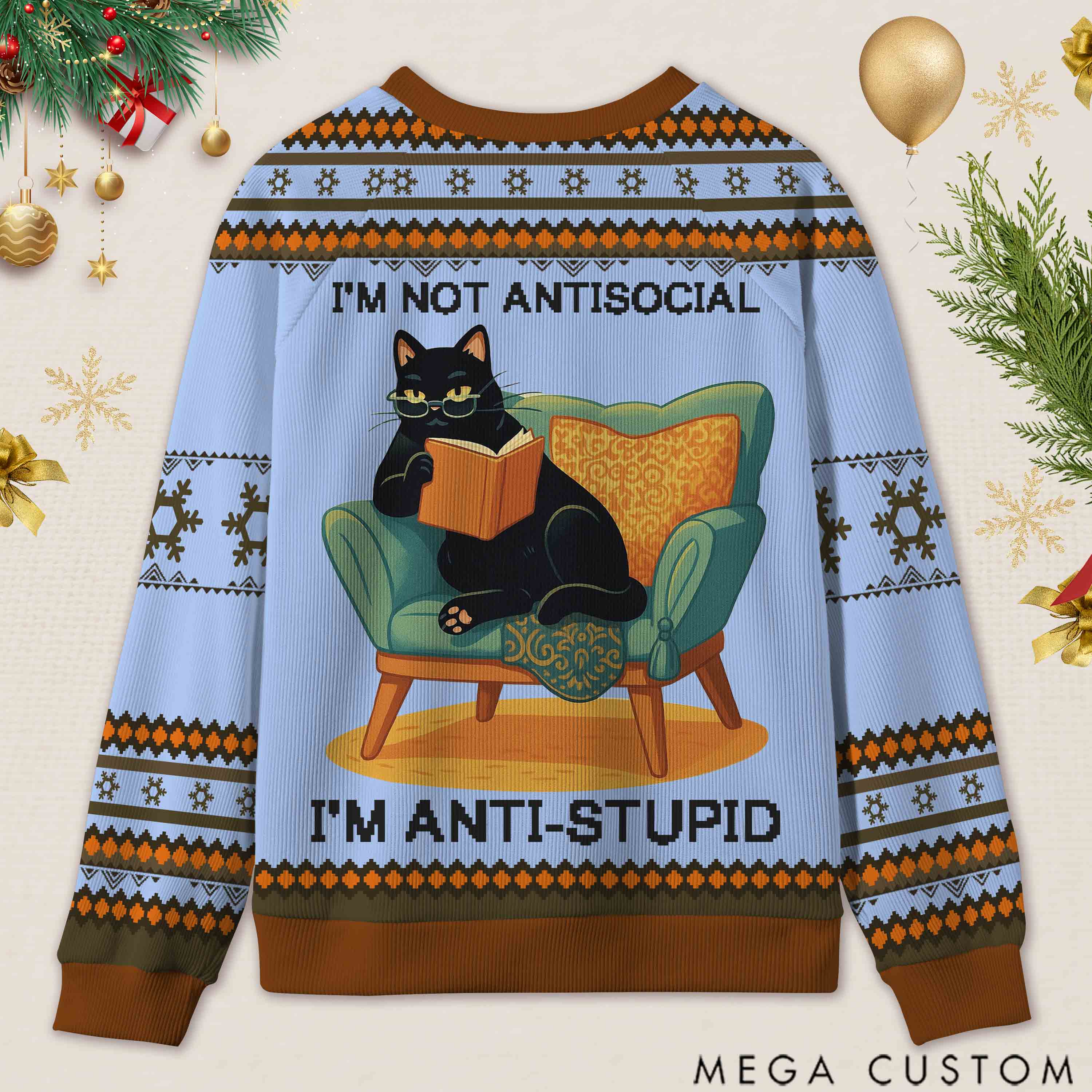 Personalized Wise Bookish Cat Reading Ugly Sweater Holiday Gift for Book Lovers