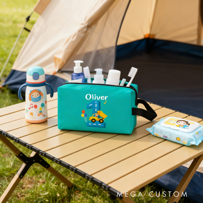 Personalized Number Cars Theme Custom Kids Name Number and Color Toiletry Bag for Kids Travel Gifts and Daily Use