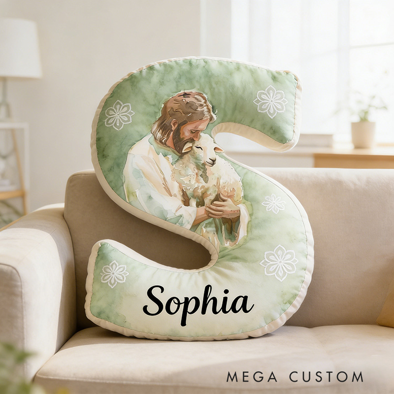 Personalized Jesus and Lamb Green Letter Pillow with Custom Name Religious Home Decor the Lost Sheep Graphic 3D Print Pillow Faith Gift