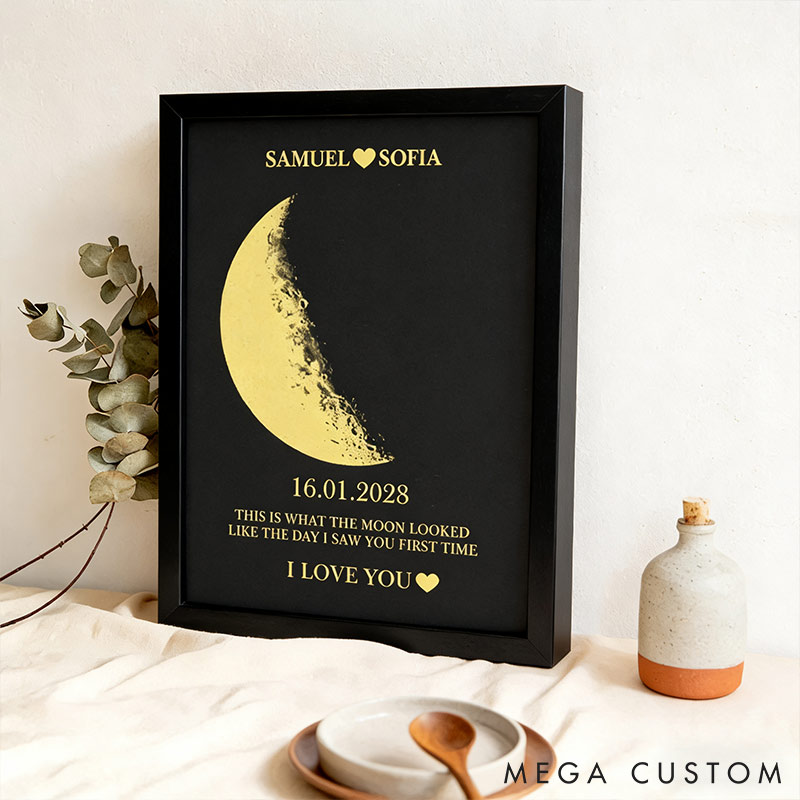Personalized Couple The Day I Saw You First Time Real Moon Phase Poster Anniversary Wall Art Valentine's Gift Unique Keepsake Gift for Husband Wife