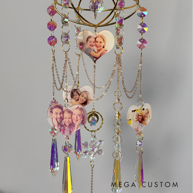 Personalized Photo Heart Suncatcher - Custom Family Photo Wind Chime with Crystal Beads, Decorative Window Hanging Gift