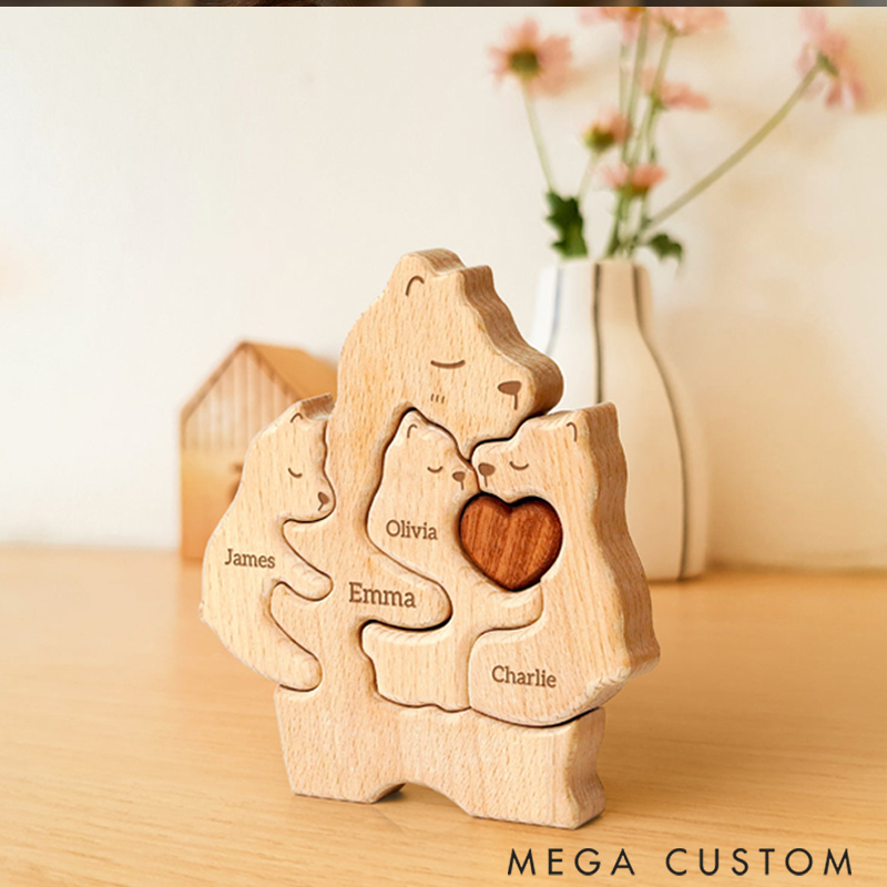 Personalized Wooden Mommy Bear Family Puzzle with Mothers and 1–4 Kids Names Desk Decoration Birthday Anniversary Gift for Family