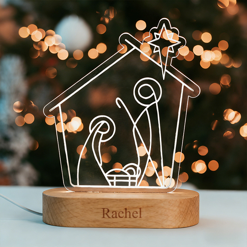 Personalized Nativity Scene LED Night Light with Name Wooden Base Home Decor Religious Gift Christmas Gift for Kid