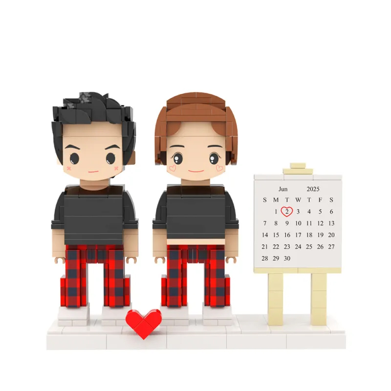 Personalized Custom Couple Brick Figure Set with Calendar - Personalized Photo Minifigure Building Blocks, Valentine’s/Anniversary Gift