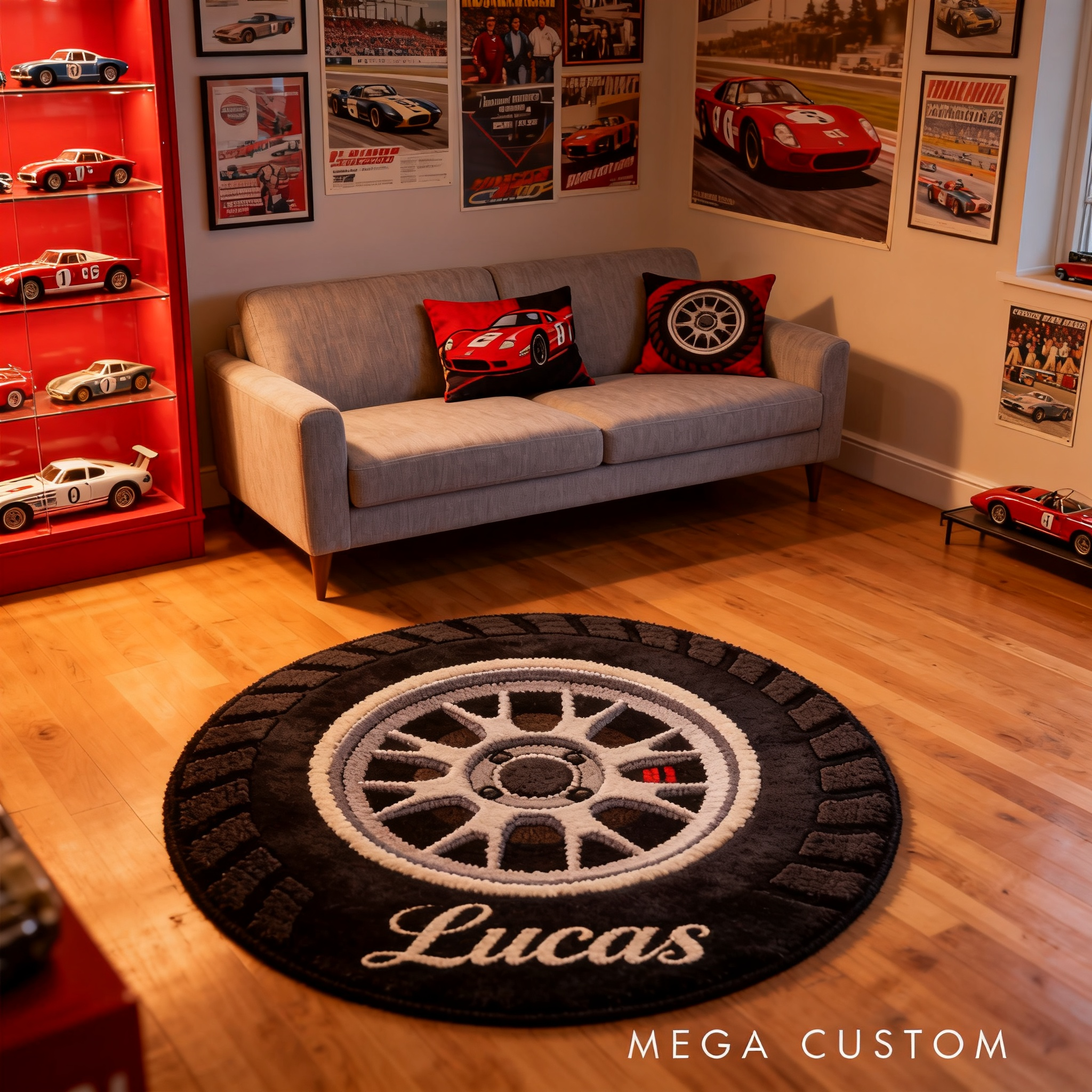 Personalized Racing Wheel Rug Custom Name Car Lover Gift for Garage or Home Decor
