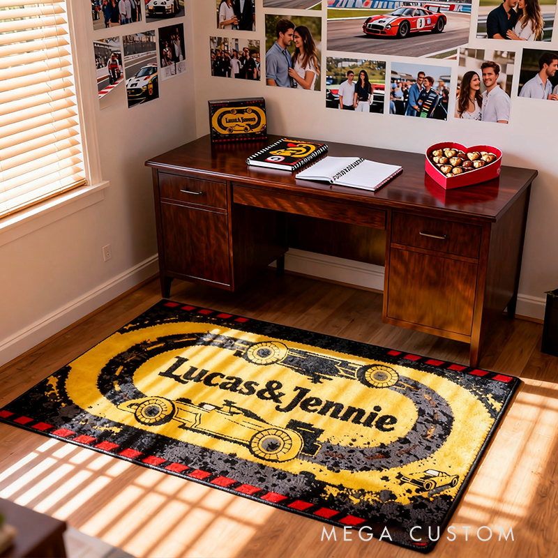 Personalized Racing Couple Rug Custom Name Race Track Design Gift for Car Lovers Home Decor