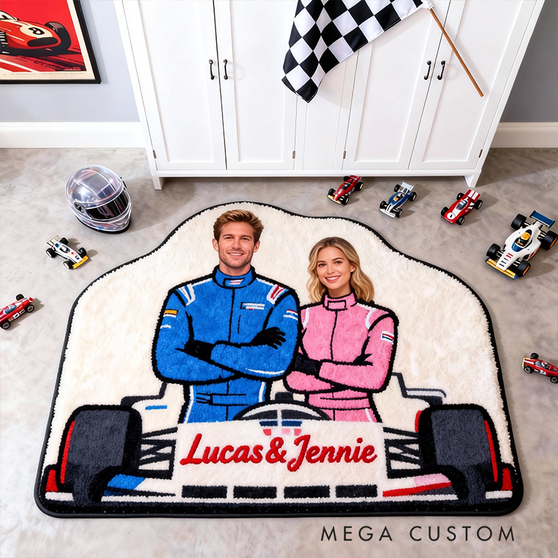 Personalized Couple Racing Rug Custom Name and Photo Design Gift for Car and Racing Lovers Home Decor