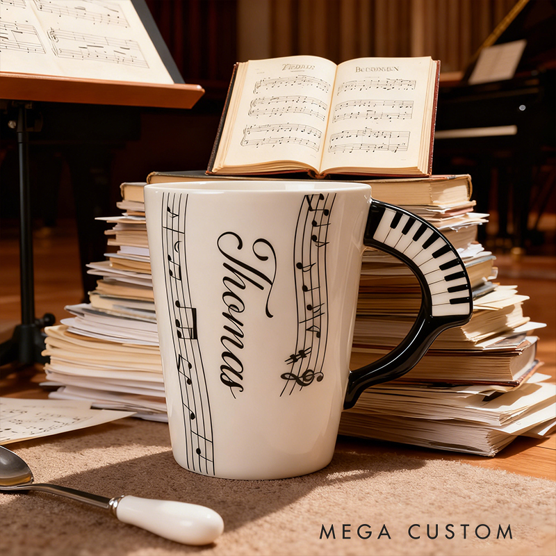 Personalized Custom Piano Keyboard Handle Mug with Musical Notes, Personalized Name Ceramic Coffee Mug for Music Lovers, Piano Player Gift