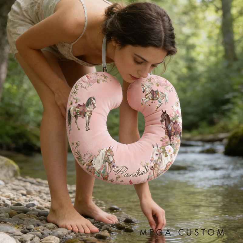 Personalized Couple Riding Horse Travel U-Shaped Pillow for Couple Valentain Pillow Gift for Riding Lovers Equestrian Lovers