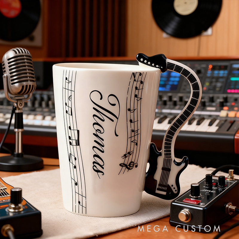 Personalized Electric Guitar Handle Mug, Custom Name Ceramic Cup with Musical Notes, Rock Music Fan Gift