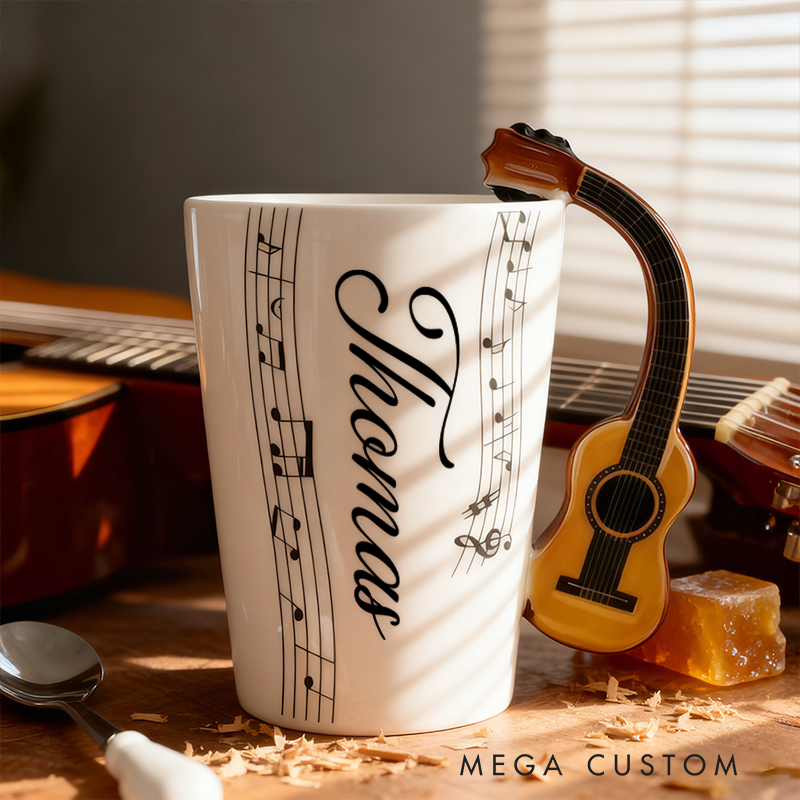 Personalized Custom Acoustic Guitar Handle Mug, Personalized Name Ceramic Coffee Cup with Musical Notes, Folk Music Lover Gift