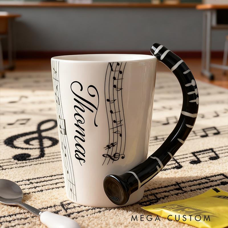 Personalized Saxophone Handle Mug, Custom Name Ceramic Cup with Musical Notes, Jazz Music Enthusiast Gift