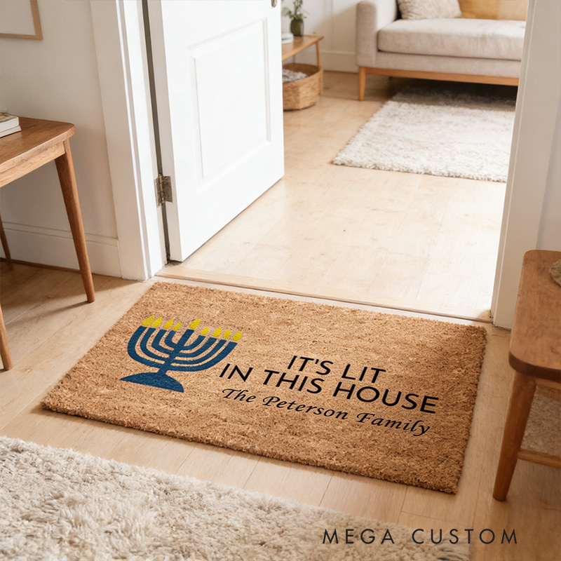 Personalized It's Lit in this House Doormat with Custom Family Name Non-Slip Durable Front Door Decor Hanukkah Doormat Religious Gift