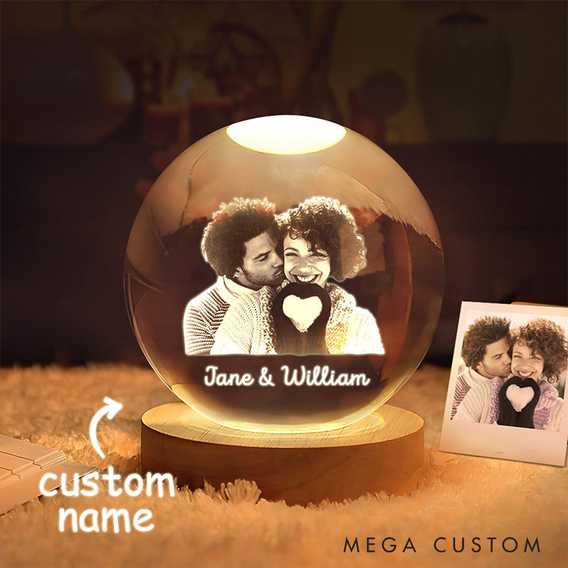 Personalized Couple 3D Crystal Photo Portrait LED Round Night Light Engraved Crystal Photo With Light Anniversary Valentine's Day Gift for Him Her