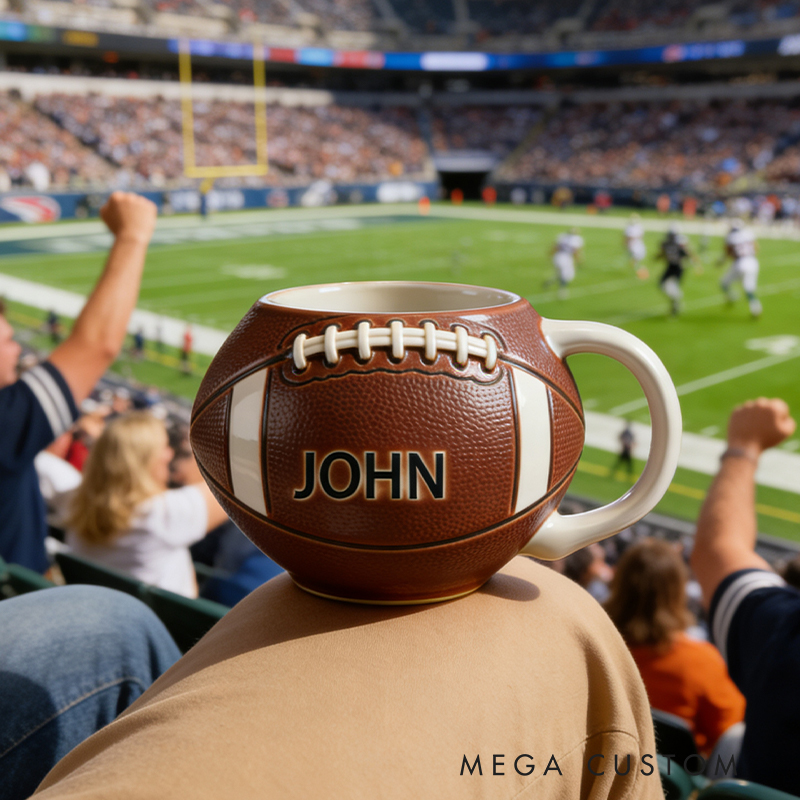 Personalized Custom Football Shaped Mug - Personalized Sports Fan Gift for Football Lovers, Ceramic Coffee Cup with Name