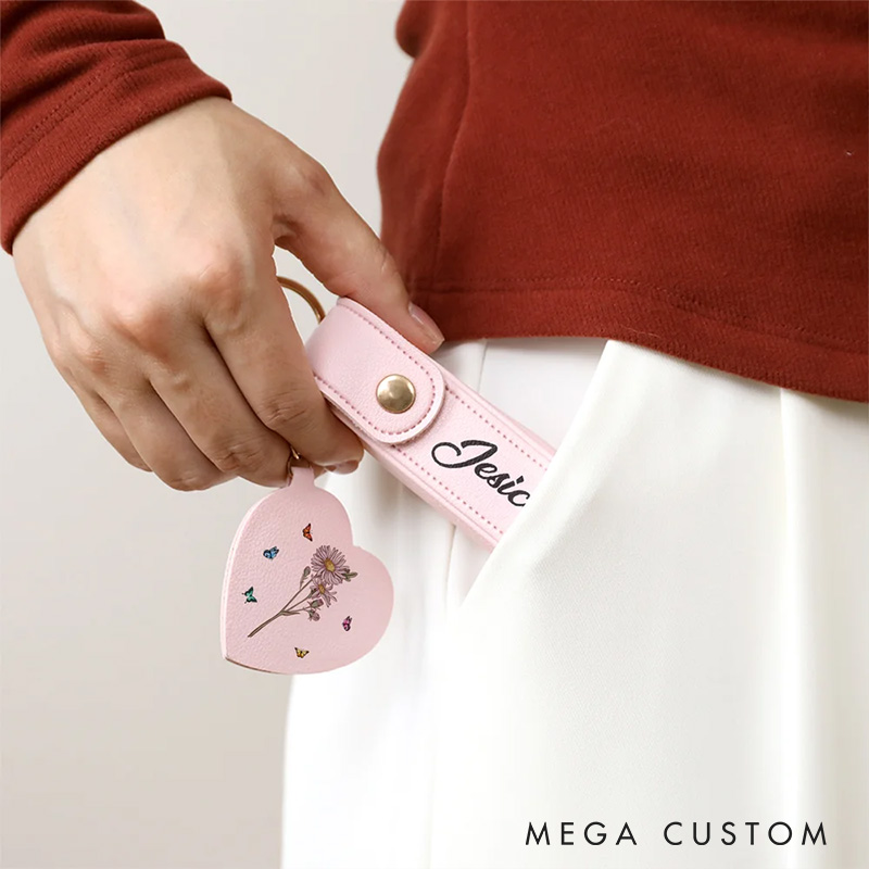 Personalized Girlfriend Birth Flower PU Leather Name Lipstick Case Keychain with Heart-shaped Mirror Wife Makeup Essentials Women Valentines Day Gift