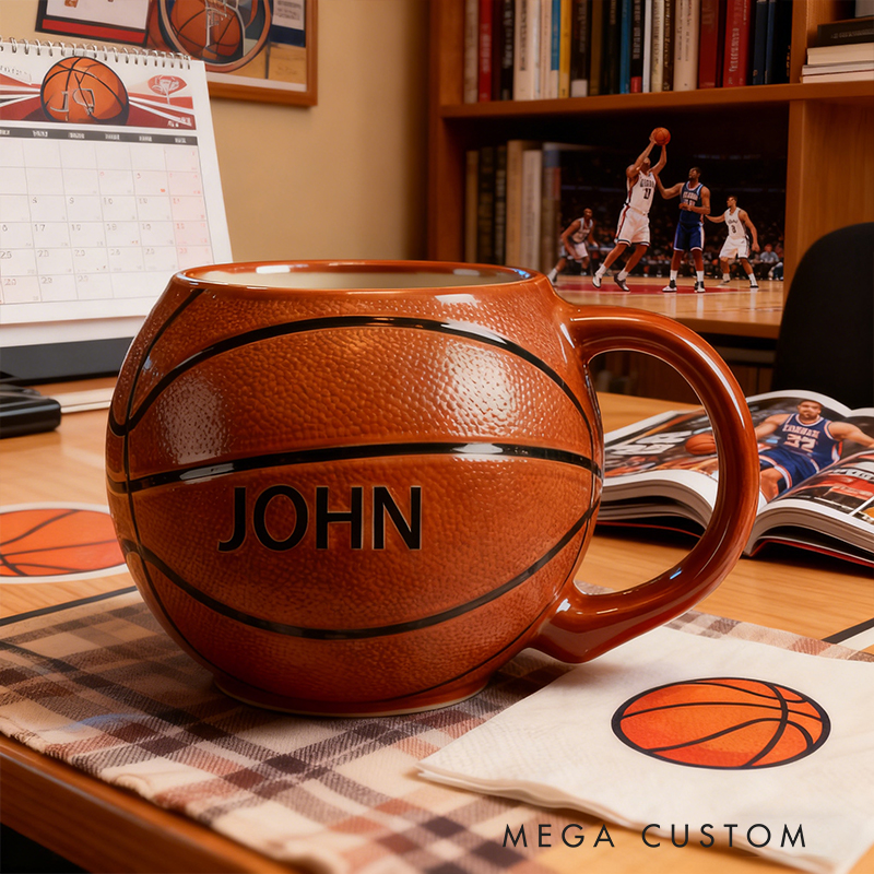 Personalized Custom Basketball Shaped Ceramic Mug - Personalized Sports Fan Gift for Basketball Lovers, 11oz Coffee Cup with Name