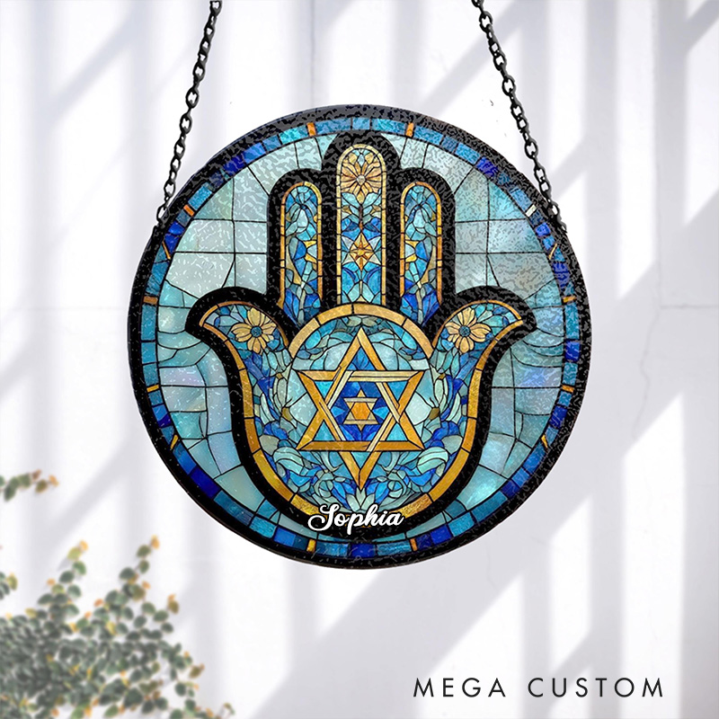 Personalized Hamsa Hand Star of David Stained Glass Suncatcher Ornament with Custom Name Jewish Festival Window Hanging Decor Hanukkah Gift Religious Gift