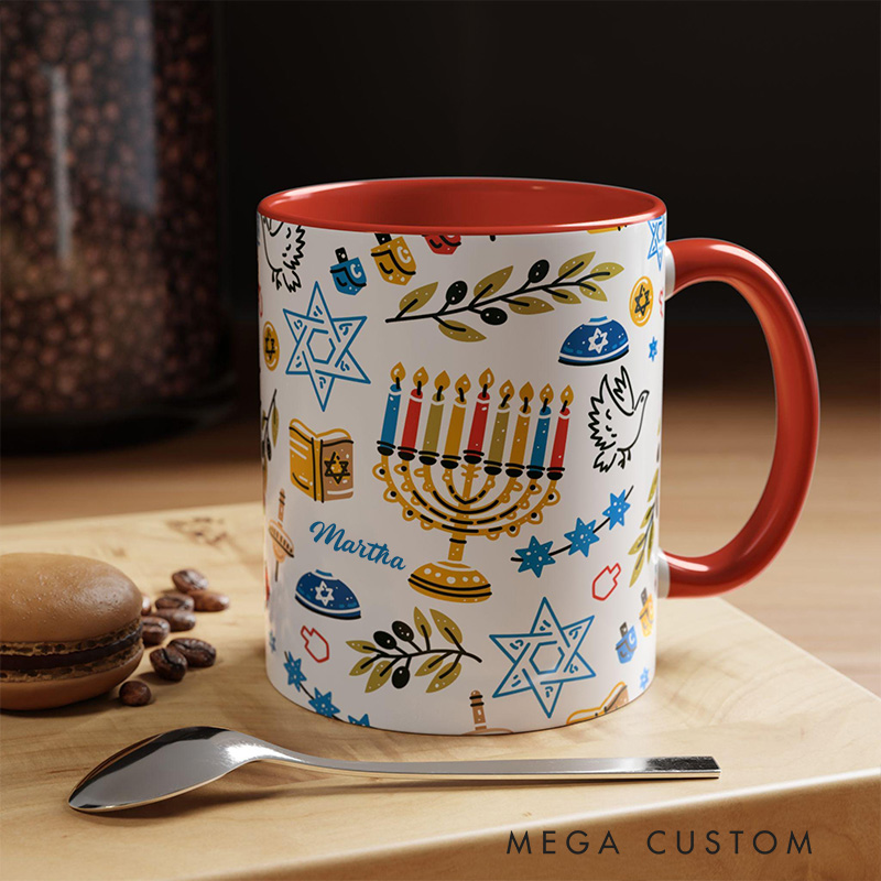 Personalized Hanukkah Menorah Ceramic Mug with Name Chanukah Coffee Mug Religious Gift Happy Hanukkah Gift for Jewish people Hanukkah