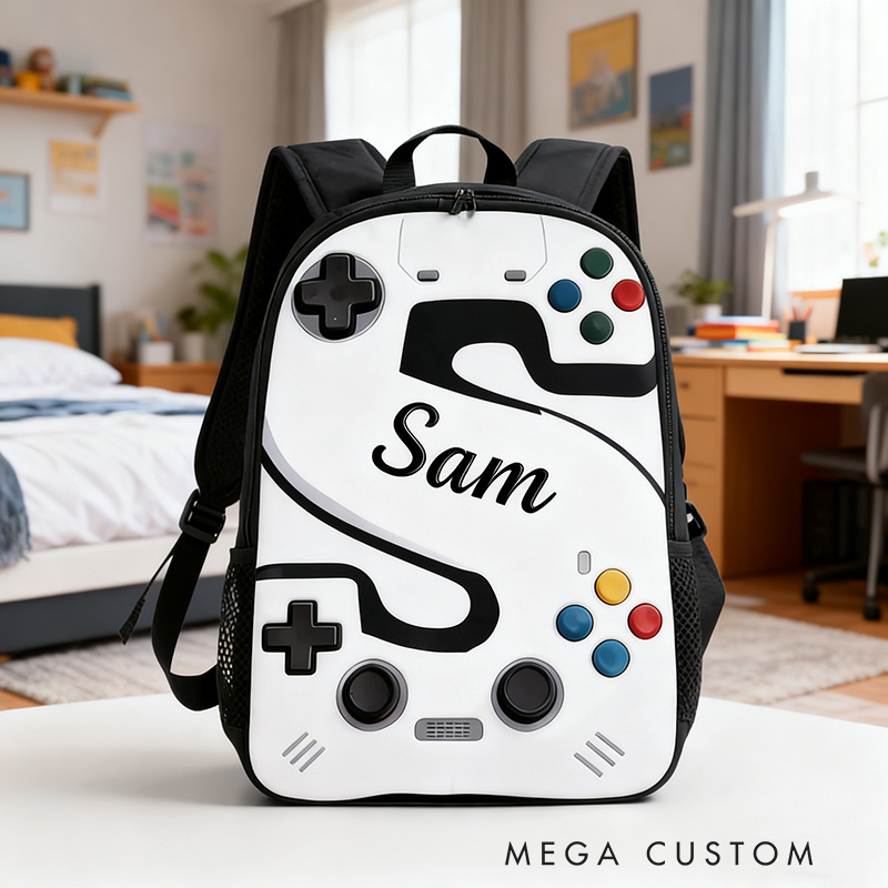 Personalized Game Controller Backpack with Letter Design and Custom Name for Kids and Game Lovers Birthday Black to School Christmas Gift