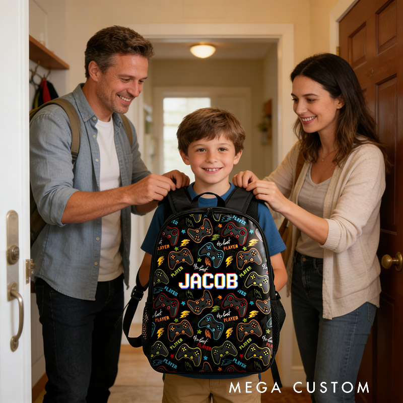 Personalized The Best Player Game Controller Backpack Custom Name for Kids and Game Lovers Birthday Black to School Christmas Gift