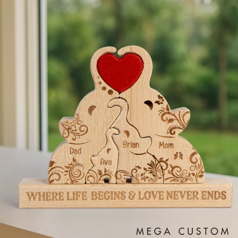 Personalized Wooden Mommy Elephant Family Puzzle Desk Decoration Keepsake Anniversary Gift for Family