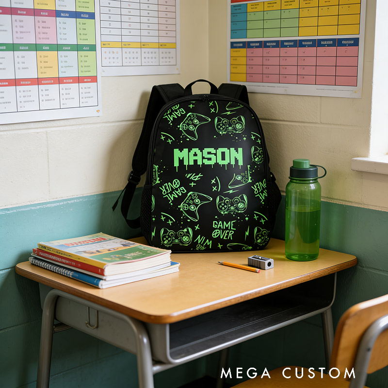 Personalized Graffiti Game Controller Backpack Custom Name for Kids and Game Lovers Birthday Black to School Christmas Gift