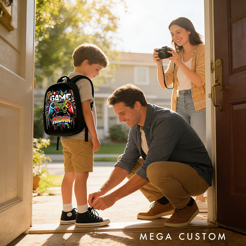 Personalized Colorful Graffiti Game Controller Backpack Custom Name for Kids and Game Lovers Birthday Black to School Christmas Gift