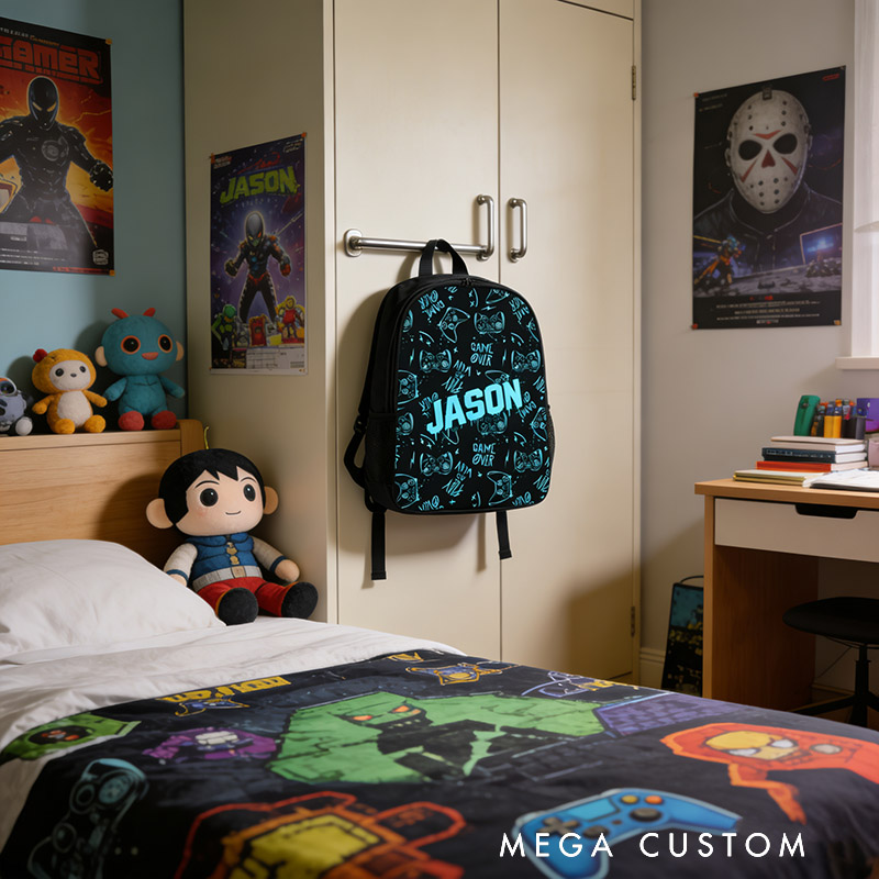 Personalized Blue Watercolor Style Game Controller Backpack Custom Name for Kids and Game Lovers Birthday Black to School Christmas Gift