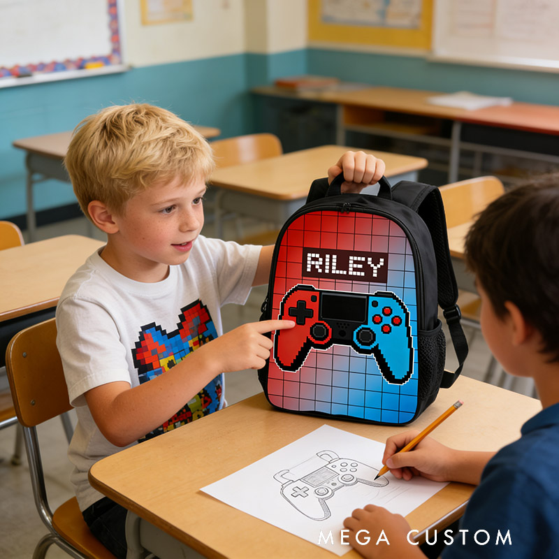 Personalized Cartoon Game Controller Backpack Custom Name for Kids and Game Lovers Birthday Black to School Christmas Gift
