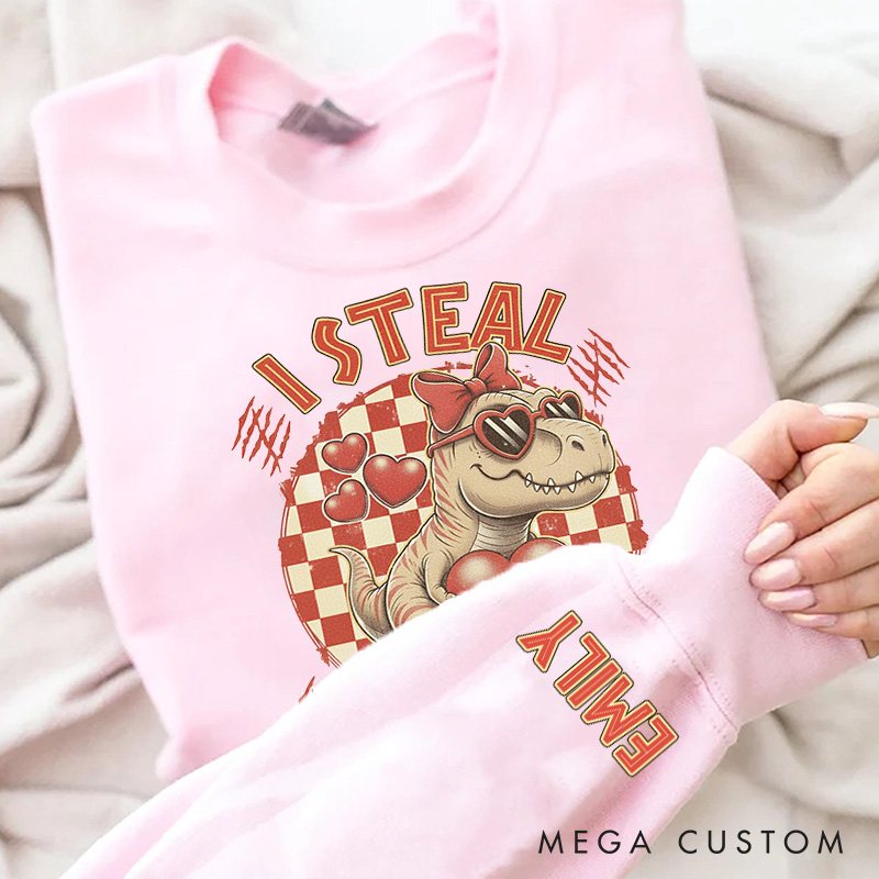 Personalized Girlfriend Wife Dinosaur I Steal Hearts Sweatshirt with Name Couple Matching Valentine's Day Sweatshirt for Her Him Anniversary Gift