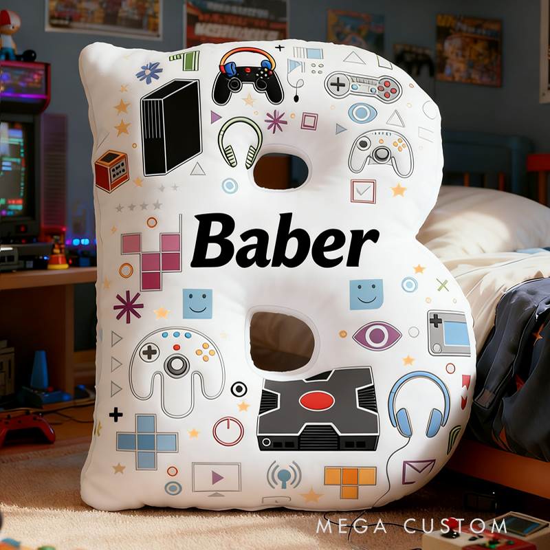 Personalized Graphic 3D Print Game Controller and Game Consoles Letter Pillow for Game Lovers Plush Pillow Christmas Birthday Gift for Kids