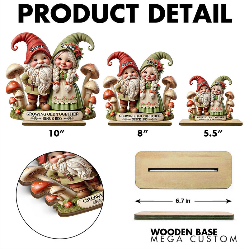 Personalized Couple Gnome Growing Old Together Standing Wooden Plaque 3D Effect Whimsical Gnome Couple Mushroom Plaque Anniversary Valentines Day Gift