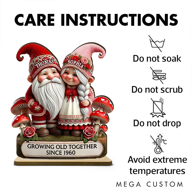 Personalized Couple Valentines Day 3D Effect Gnome Mushroom Standing Wooden Plaque Whimsical Gnome Couple Growing Old Together Plaque Anniversary Gift