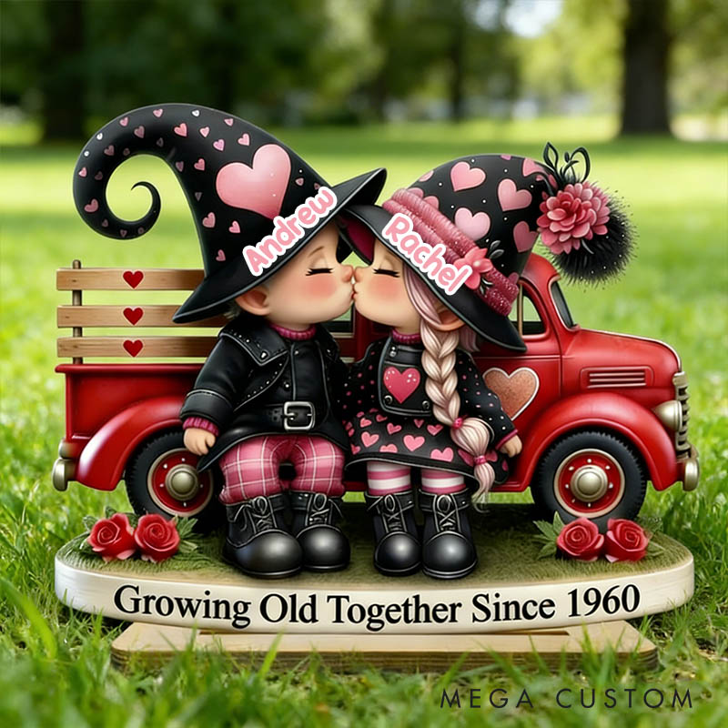 Personalized Couple Heart Valentines Day 3D Effect Gnome Truck Standing Wooden Plaque Whimsical Couple Growing Old Together Plaque Anniversary Gift