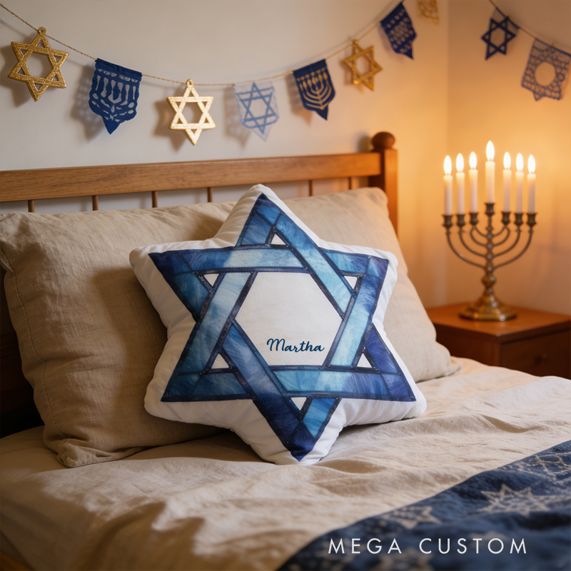 Personalized Star of David Pillow with Custom Name Cute Jewish Holiday Decoration Festive Home Decor Happy Hanukkah Gift Religious Gift