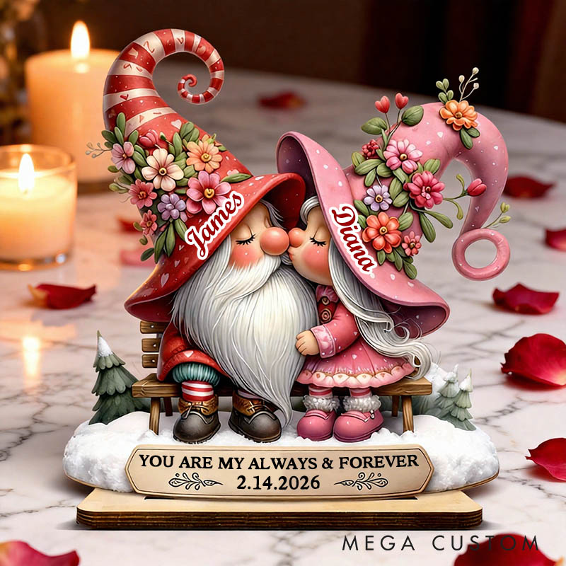 Personalized Couple Heart Valentines Day 3D Effect Gnome Standing Wooden Plaque Custom Sweet Gnome Couple Sitting on a Chair Plaque Anniversary Gift